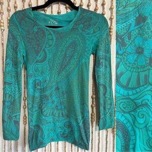 AMB Be Happy Second Skin Teal Floral Long Sleeve Semi Sheer Boho Y2K Dance OS